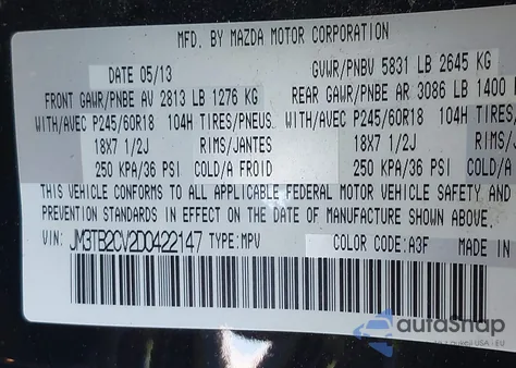 2013 Mazda Cx-9 Touring from USA, damaged, VIN JM3TB2CV2D0422147